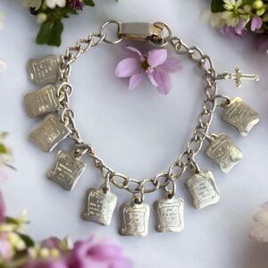 Vintage Charm Bracelet Ten Commandments Religious Cross Bible Vintage 50s 60s